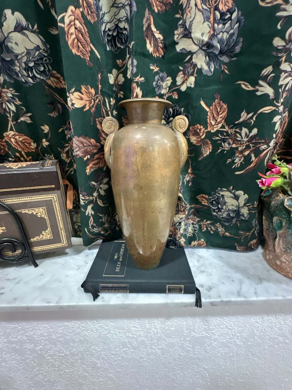 Vintage Brass Urn Vase with Scroll Handles and Patina